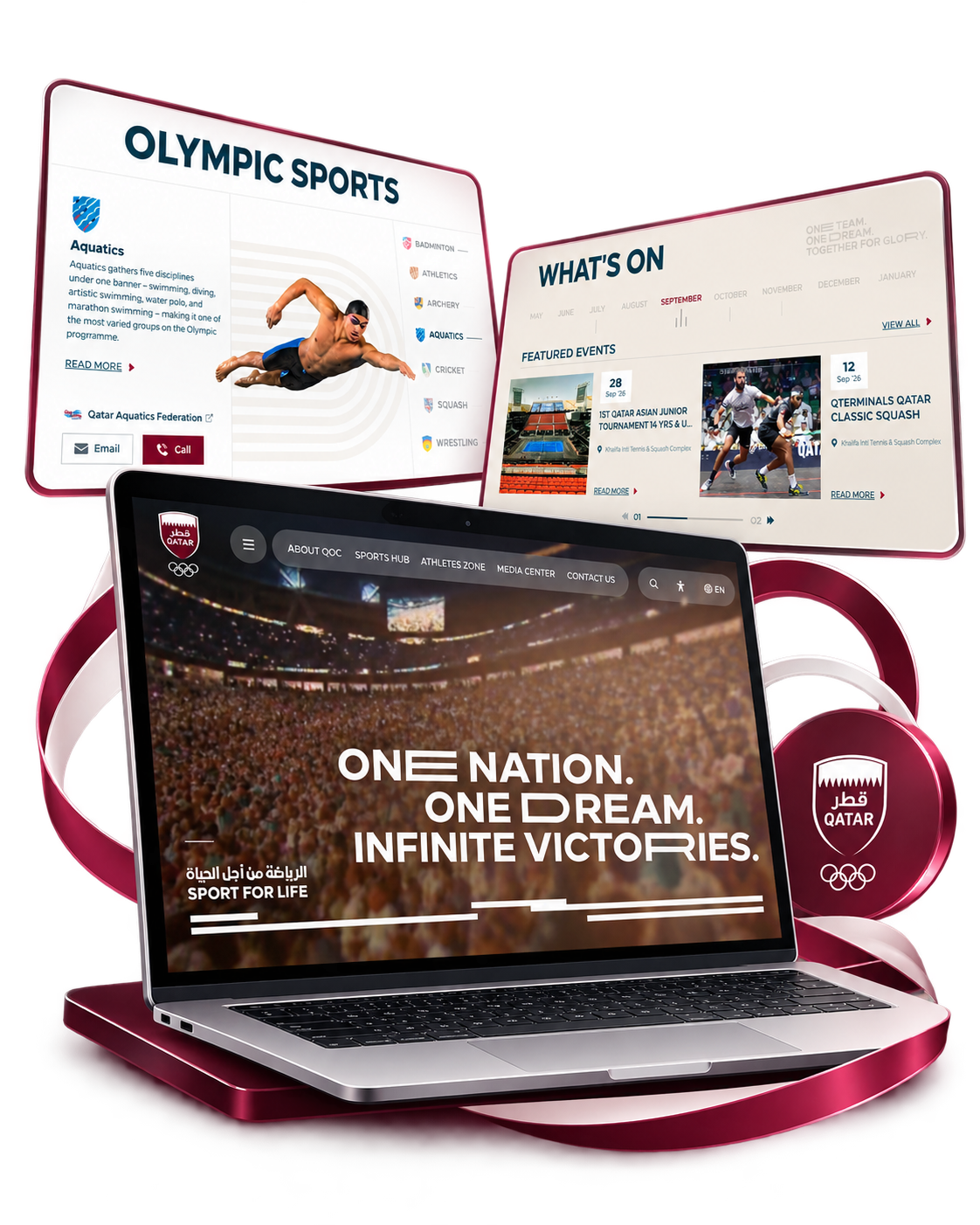 Qatar Olympic Committee website revamp displayed across a laptop and floating digital screens, showcasing the homepage, Olympic sports section, and upcoming events experience.
